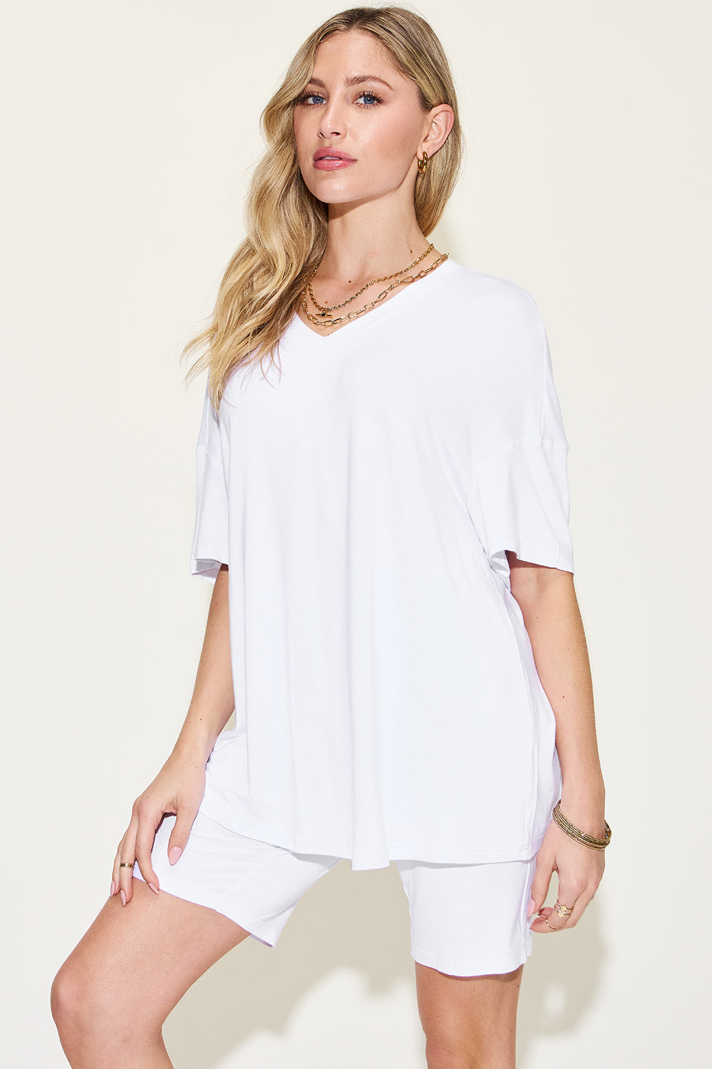 Basic Bae Full Size V-Neck Drop Shoulder T-Shirt and Shorts Set