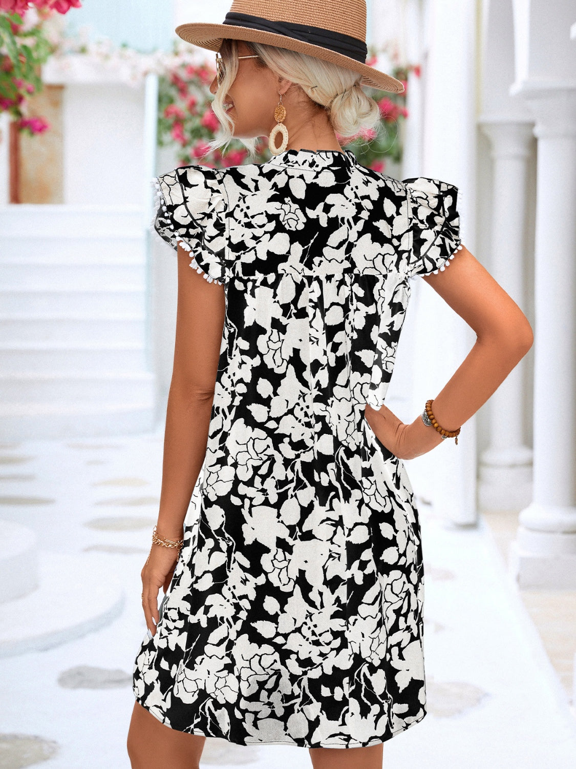 Floral Tie Neck Butterfly Sleeve Dress