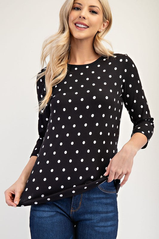 Celeste Full Size Polka Dot Round Neck Three-Quarter Sleeve T-Shirt