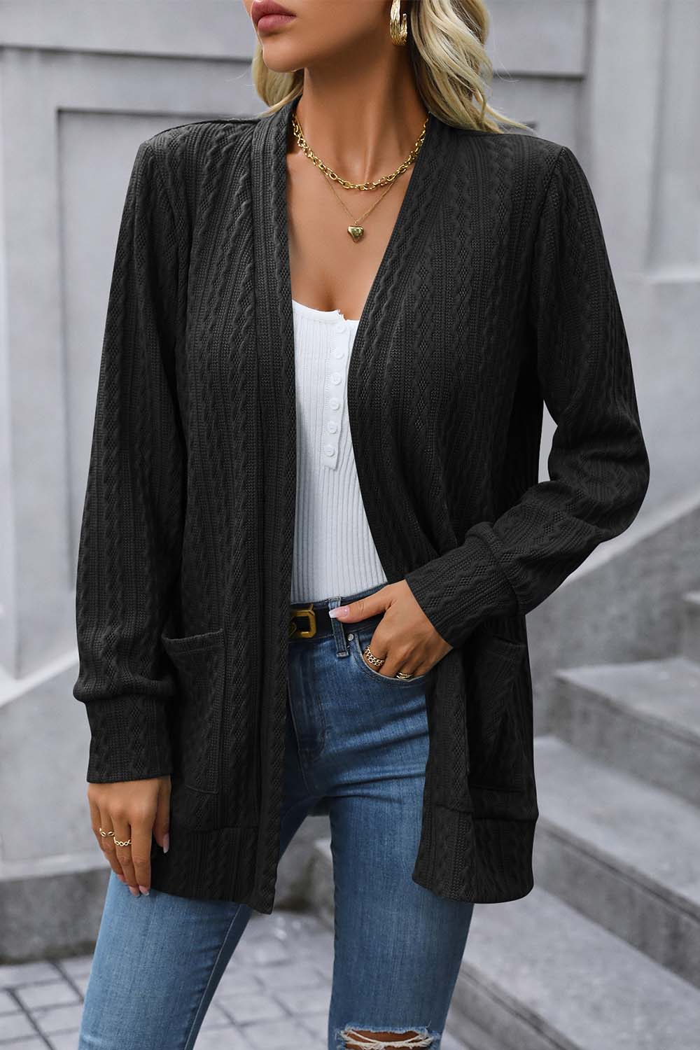 Cable-Knit Long Sleeve Cardigan with Pocket