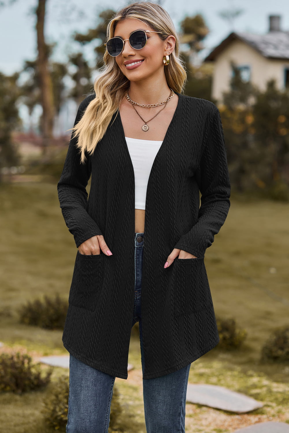 Cable-Knit Long Sleeve Cardigan with Pocket