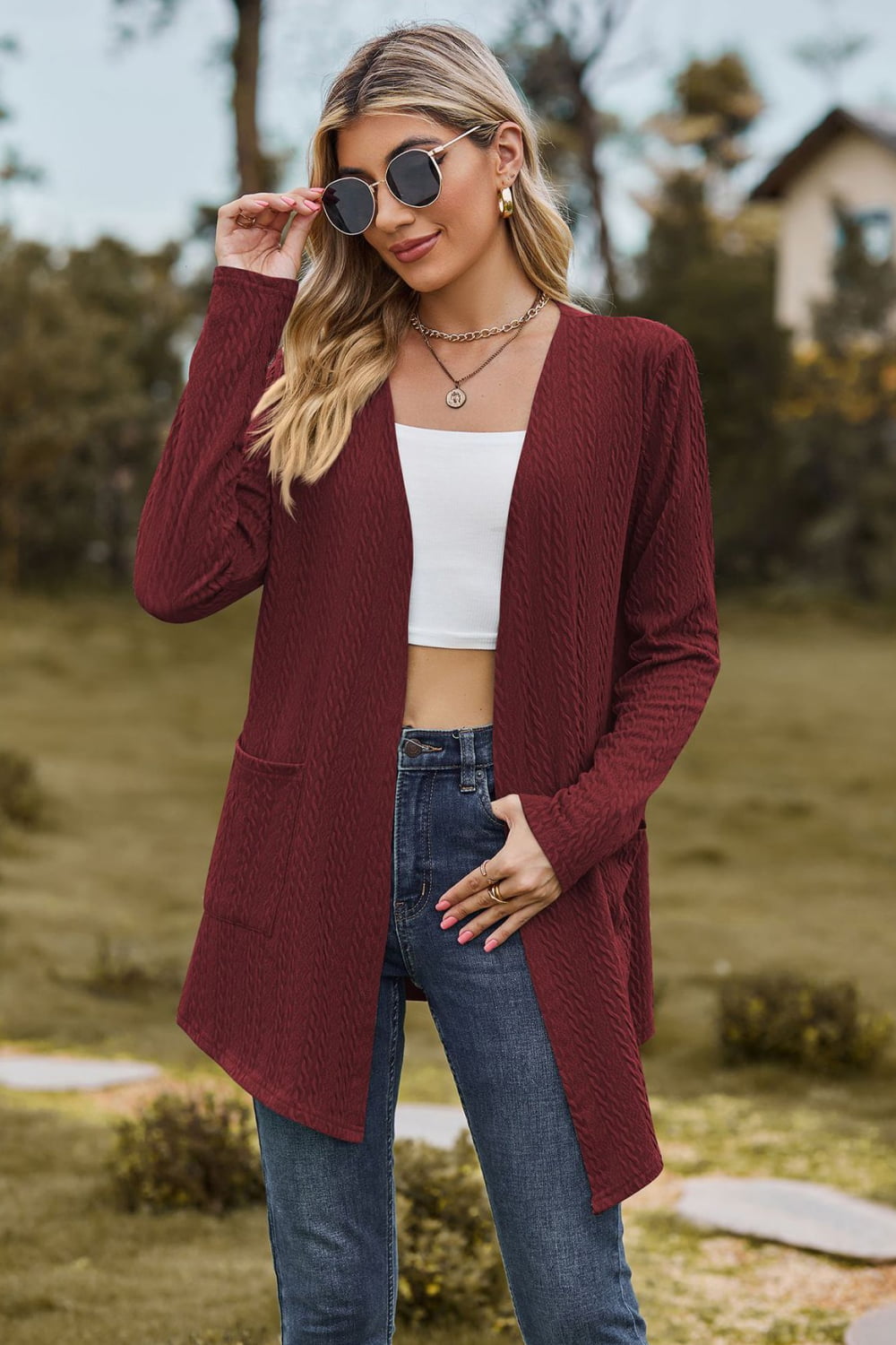 Cable-Knit Long Sleeve Cardigan with Pocket