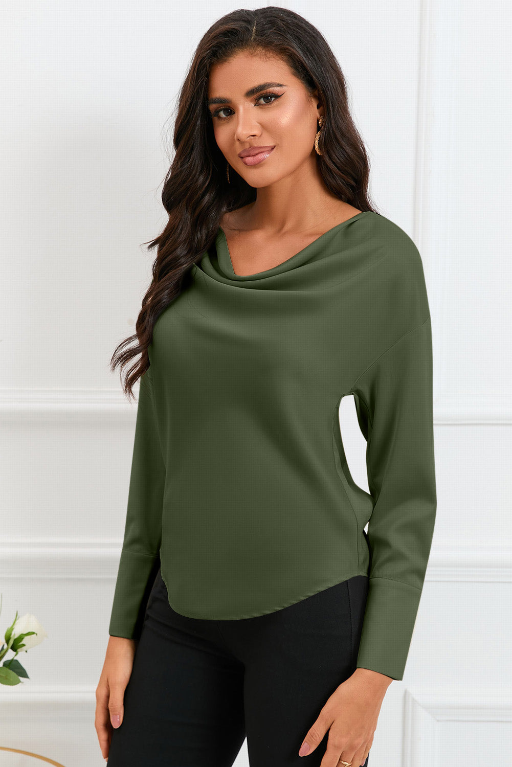 Cowl Neck Dropped Shoulder Long Sleeve Back Tie Blouse