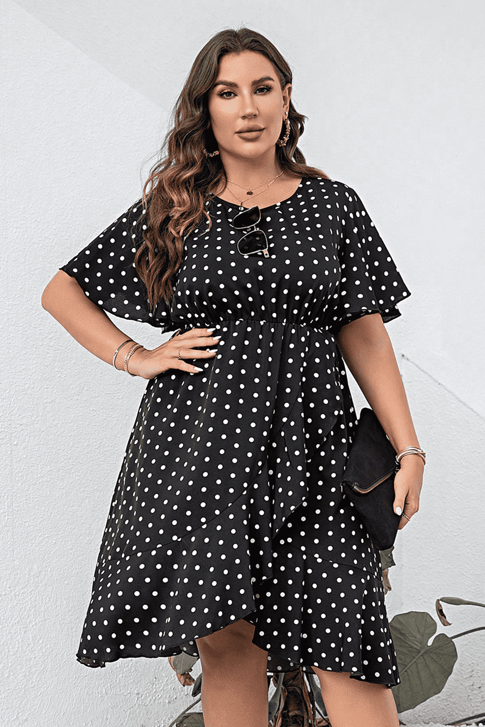 Plus Size Polka Dot Flutter Sleeve Dress