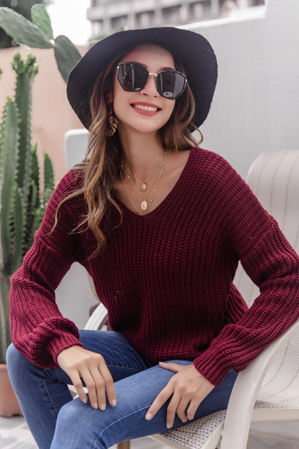 V-Neck Ribbed Knit Sweater