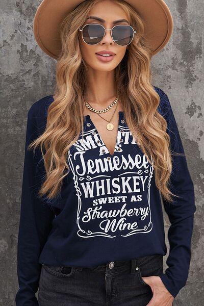 Letter Graphic Notched Long Sleeve T-Shirt