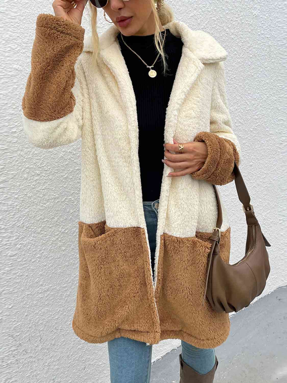 Two Tone Teddy Coat with Pockets