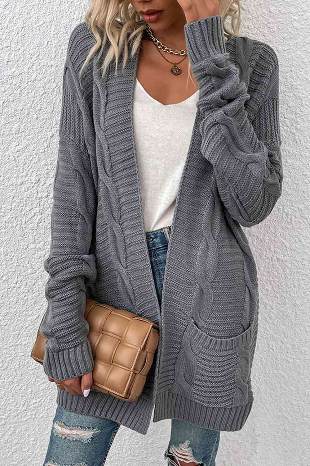 Cable-Knit Open Front Cardigan with Pockets