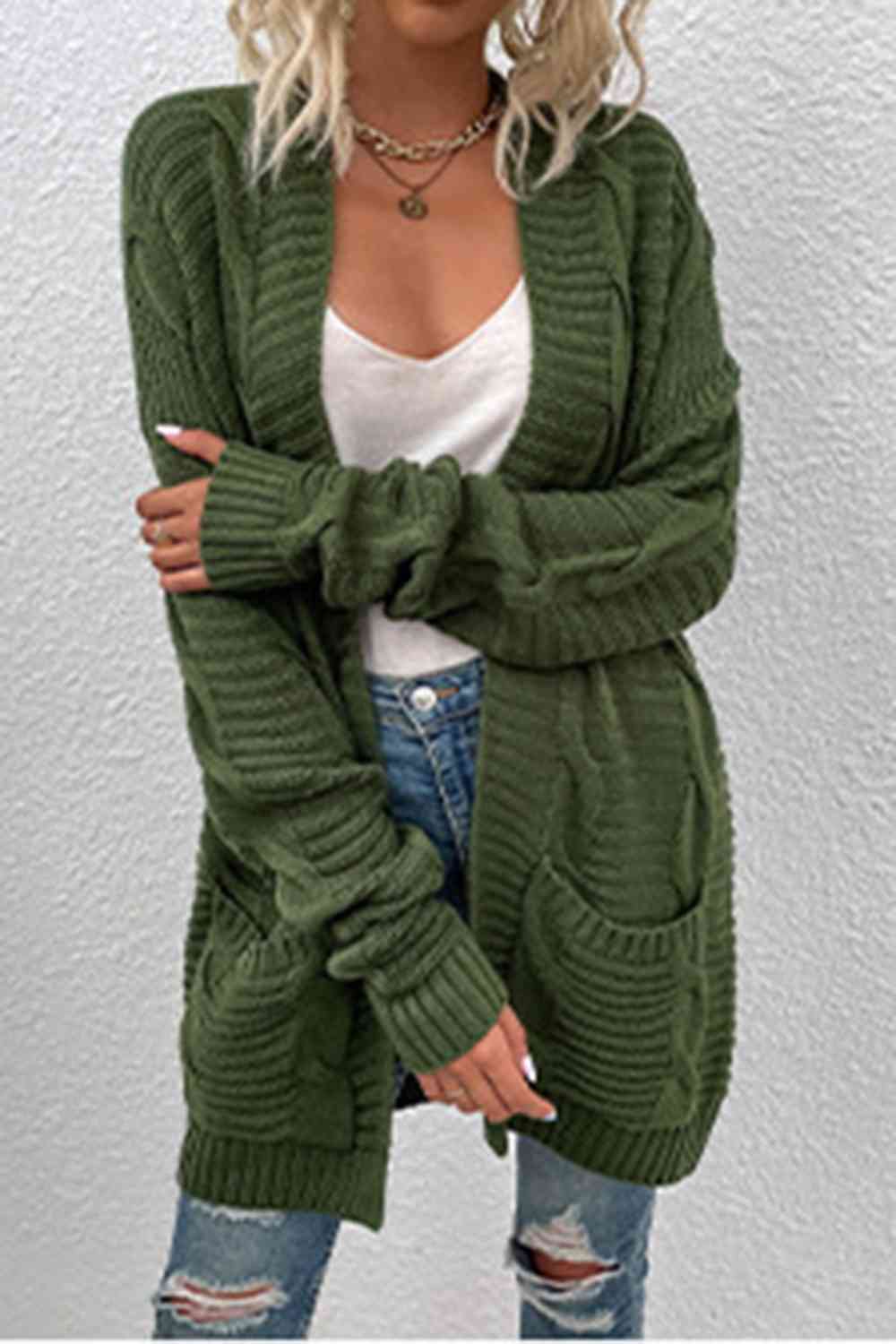 Cable-Knit Open Front Cardigan with Pockets