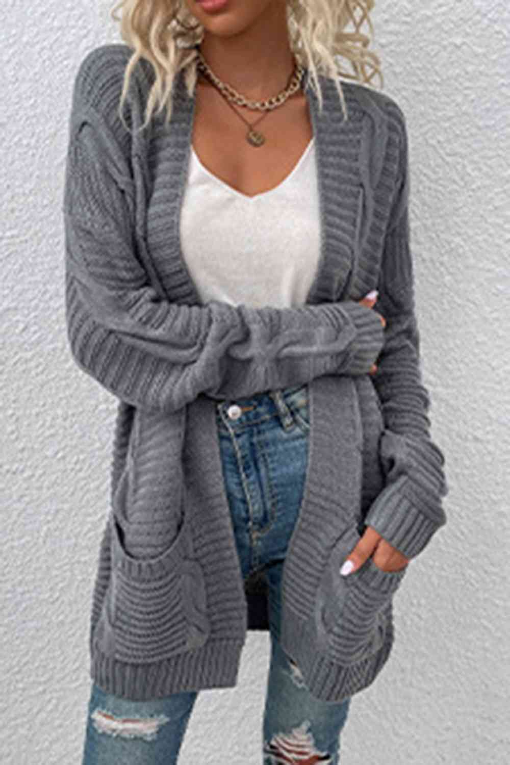 Cable-Knit Open Front Cardigan with Pockets