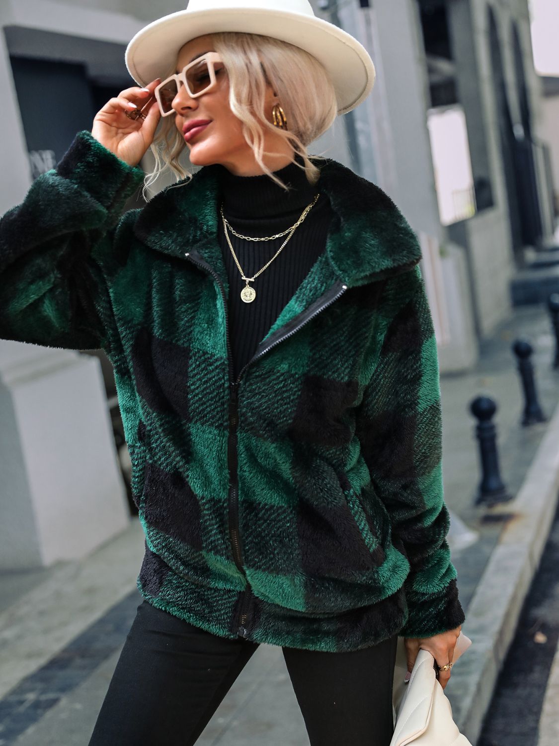 Plaid Zip-Up Collared Jacket