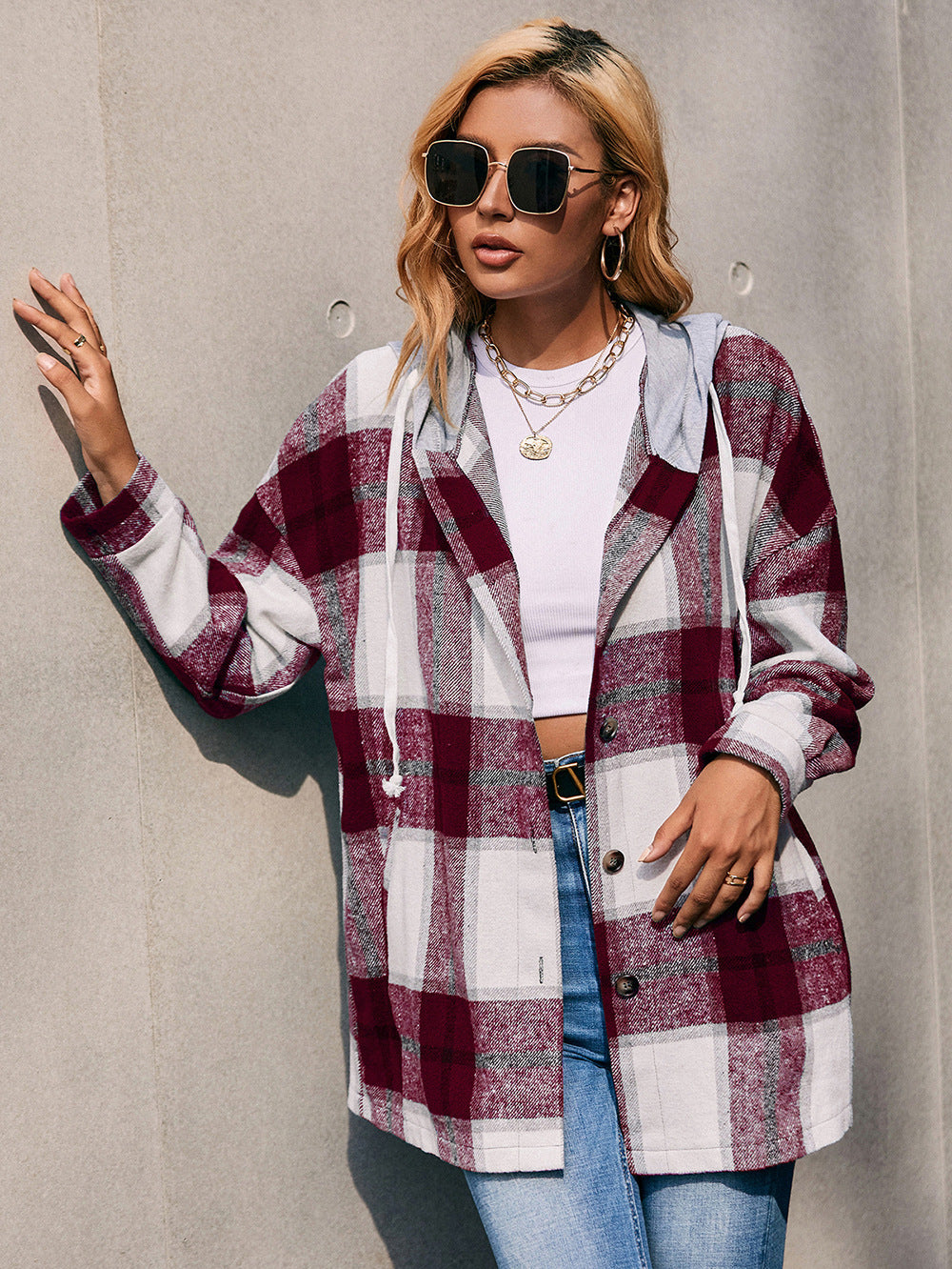 Plaid Dropped Shoulder Hooded Jacket