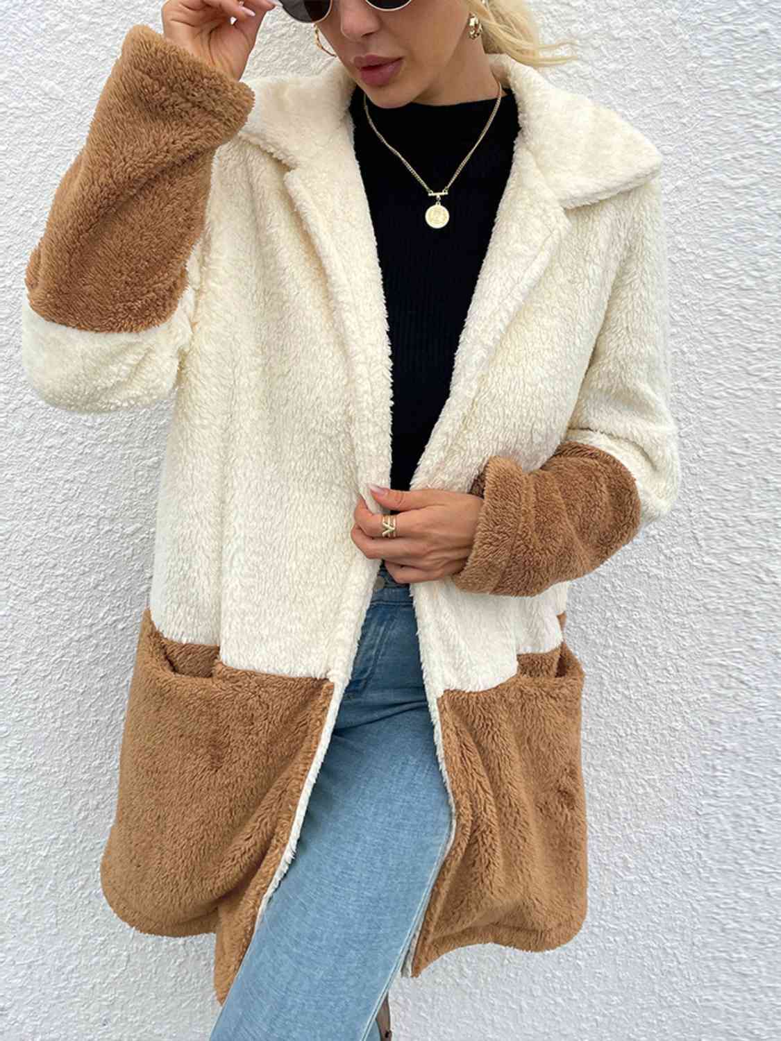 Two Tone Teddy Coat with Pockets