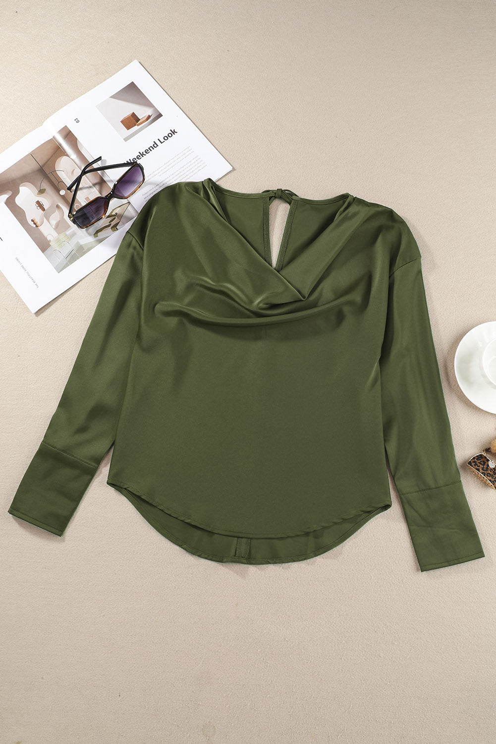 Cowl Neck Dropped Shoulder Long Sleeve Back Tie Blouse