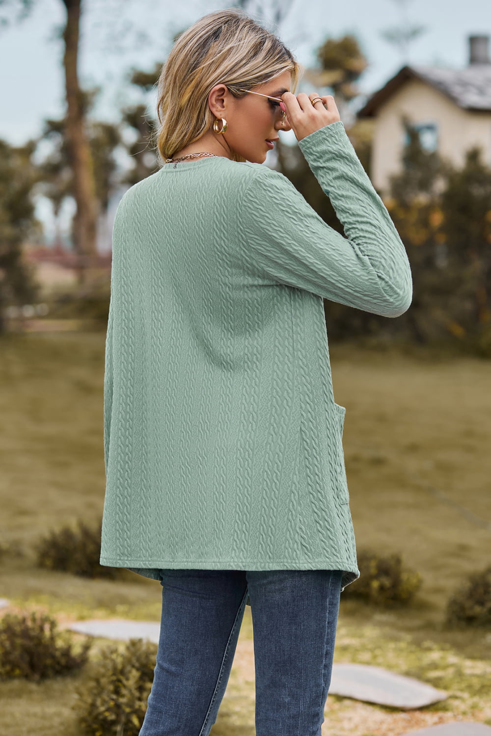 Cable-Knit Long Sleeve Cardigan with Pocket