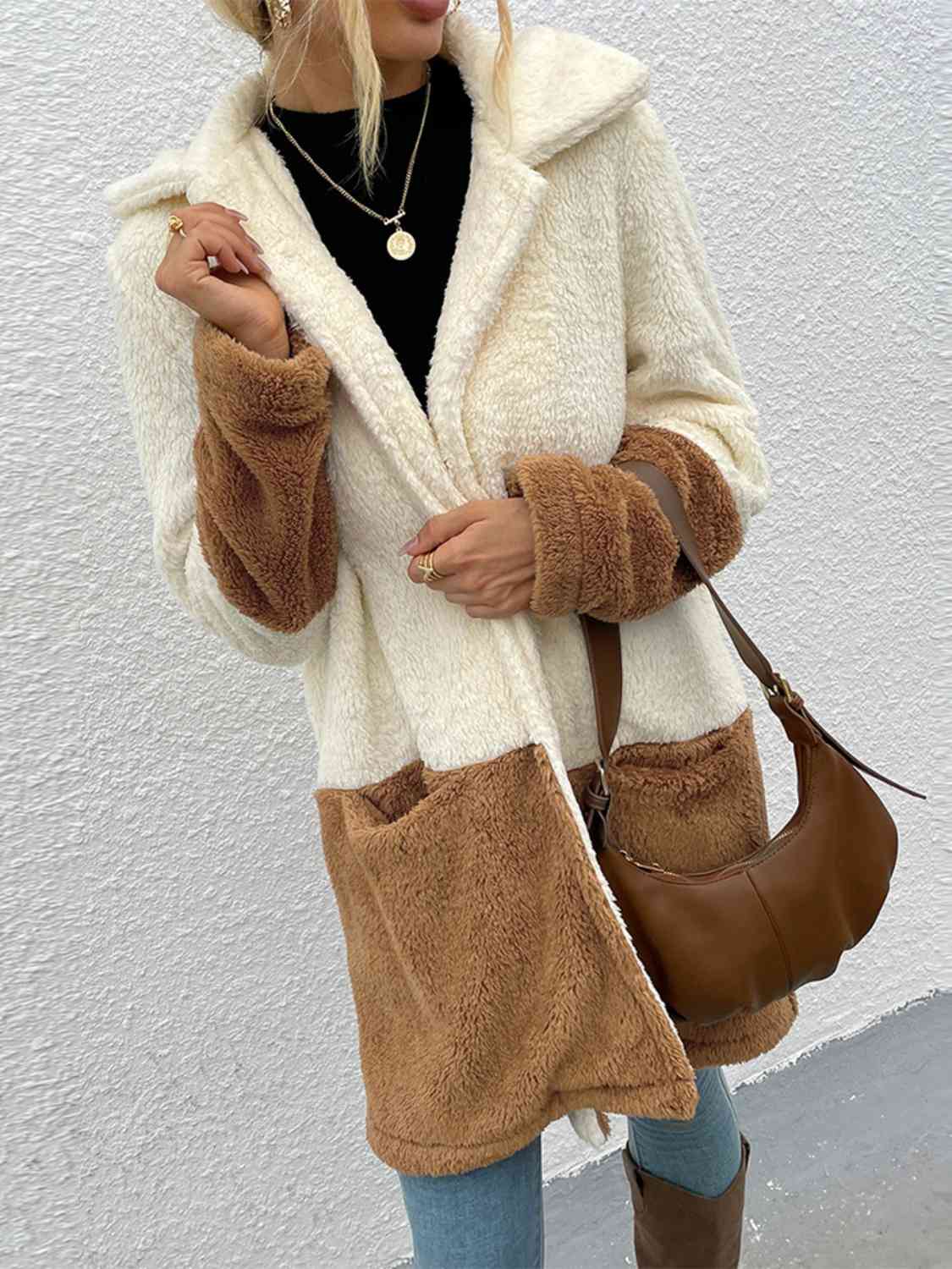 Two Tone Teddy Coat with Pockets