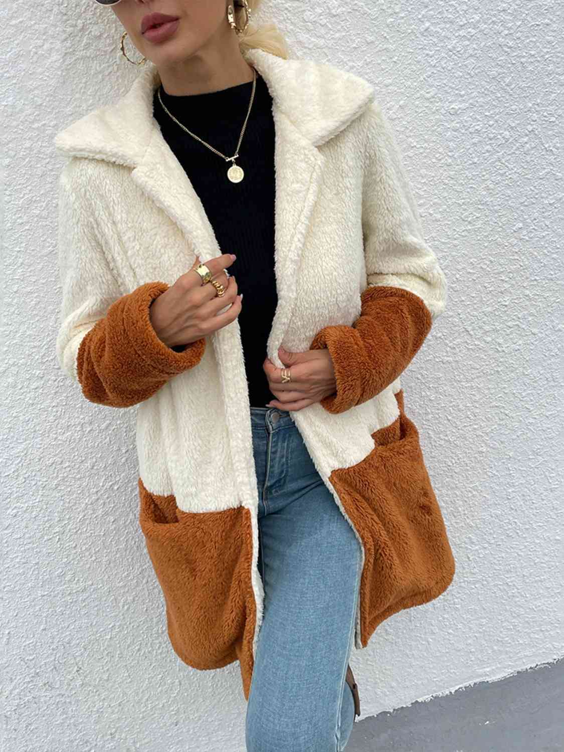 Two Tone Teddy Coat with Pockets